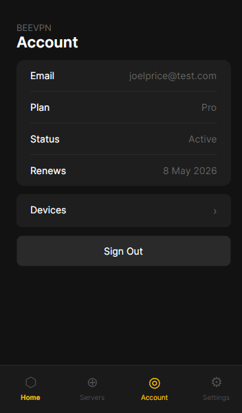 VPNBee Account screen