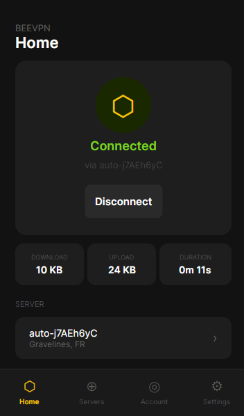 VPNBee Connected screen