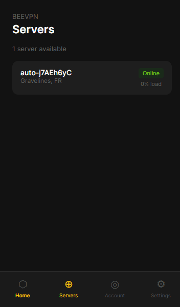 VPNBee Servers screen