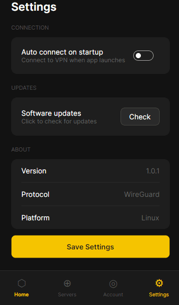 VPNBee Settings screen